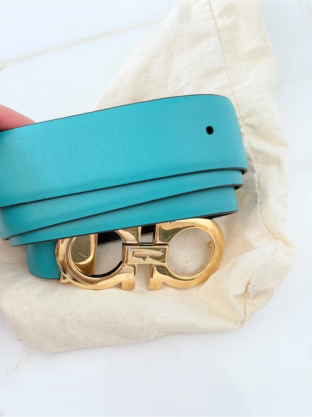 Salvatore Ferragamo Turquoise Leather Belt with Gold Gancini Buckle
